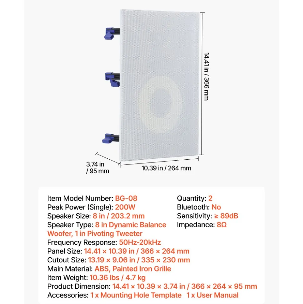 VEVOR In-Wall Speakers, 8", In Wall Speaker System with Paintable Grille, Hi-Fi Sound, 200W Peak, 2-Way Rectangular Speakers, for Damp Humid Indoor Placement, Bath, Kitchen, Covered Porches, 1 Pair