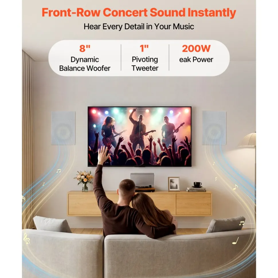 VEVOR In-Wall Speakers, 8", In Wall Speaker System with Paintable Grille, Hi-Fi Sound, 200W Peak, 2-Way Rectangular Speakers, for Damp Humid Indoor Placement, Bath, Kitchen, Covered Porches, 1 Pair