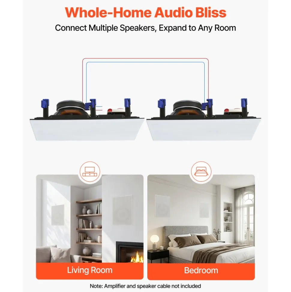 VEVOR In-Wall Speakers, 8", In Wall Speaker System with Paintable Grille, Hi-Fi Sound, 200W Peak, 2-Way Rectangular Speakers, for Damp Humid Indoor Placement, Bath, Kitchen, Covered Porches, 1 Pair