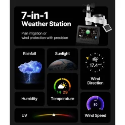 VEVOR 7-in-1 Wi-Fi Weather Station, 7-Inch TFT Display, Wireless Solar Powered Outdoor Sensor, Rain Gauge, Indoor Outdoor for Weather Forecast, Wind Speed Direction, Temperature, Humidity, Rainfall