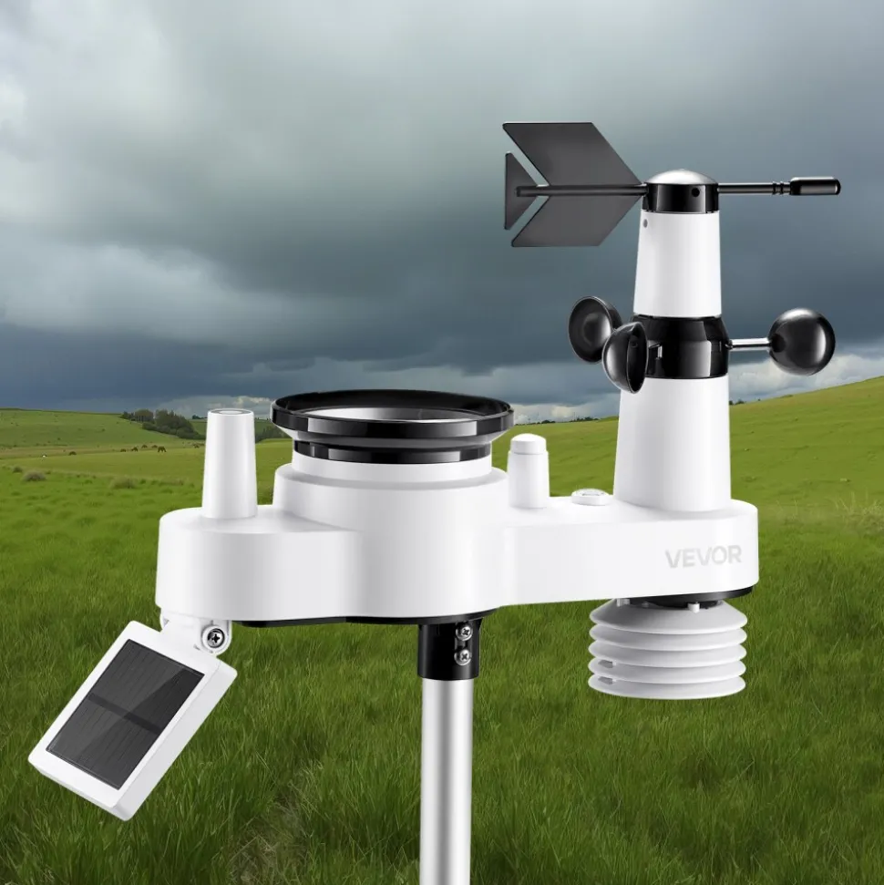 VEVOR 7-in-1 Wi-Fi Weather Station, 7-Inch TFT Display, Wireless Solar Powered Outdoor Sensor, Rain Gauge, Indoor Outdoor for Weather Forecast, Wind Speed Direction, Temperature, Humidity, Rainfall