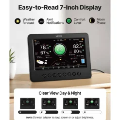 VEVOR 7-in-1 Wi-Fi Weather Station, 7-Inch TFT Display, Wireless Solar Powered Outdoor Sensor, Rain Gauge, Indoor Outdoor for Weather Forecast, Wind Speed Direction, Temperature, Humidity, Rainfall