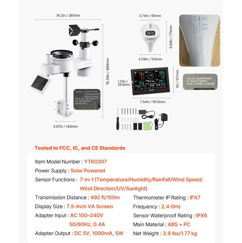 VEVOR 7-in-1 Wi-Fi Weather Station with APP, 7.5 in Display, Wireless Solar Powered Outdoor Sensor, with Pool Thermometer, Rain Gauge, Indoor Outdoor for Weather Forecast, Wind Speed, Pool Temperature