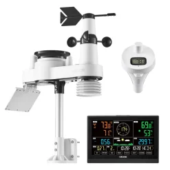 VEVOR 7-in-1 Wi-Fi Weather Station with APP, 7.5 in Display, Wireless Solar Powered Outdoor Sensor, with Pool Thermometer, Rain Gauge, Indoor Outdoor for Weather Forecast, Wind Speed, Pool Temperature