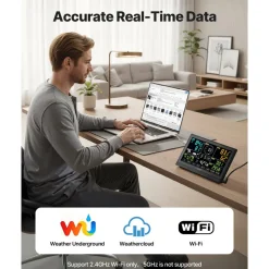 VEVOR 7-in-1 Wi-Fi Weather Station, 7.5-Inch VA Display, Solar Powered Wireless Outdoor Sensor, Home Weather Station Indoor Outdoor, for Temperature, Humidity, Wind Speed/Direction, Rainfall, No APP