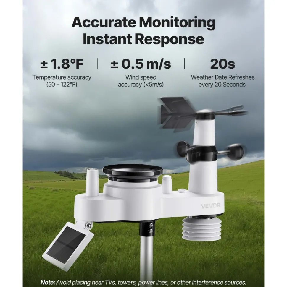 VEVOR 7-in-1 Wireless Weather Station, 7.5-Inch VA Display, Solar Powered Outdoor Sensor, Rain Gauge, Indoor Outdoor for Weather Forecast, Temperature, Humidity, Wind Speed and Direction (No WiFi)