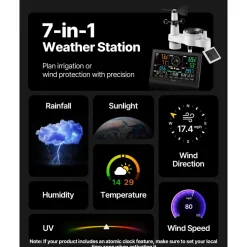 VEVOR 7-in-1 Wireless Weather Station, 7.5-Inch VA Display, Solar Powered Outdoor Sensor, Rain Gauge, Indoor Outdoor for Weather Forecast, Temperature, Humidity, Wind Speed and Direction (No WiFi)