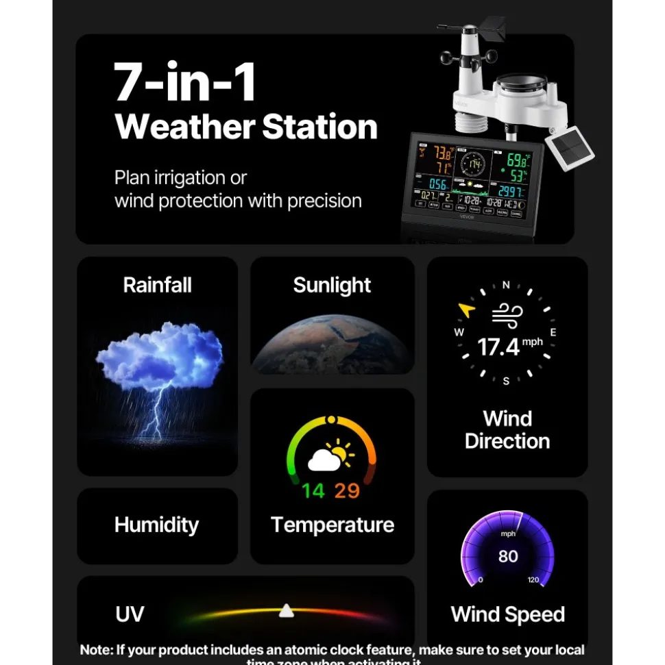 VEVOR 7-in-1 Wireless Weather Station, 7.5-Inch VA Display, Solar Powered Outdoor Sensor, Rain Gauge, Indoor Outdoor for Weather Forecast, Temperature, Humidity, Wind Speed and Direction (No WiFi)