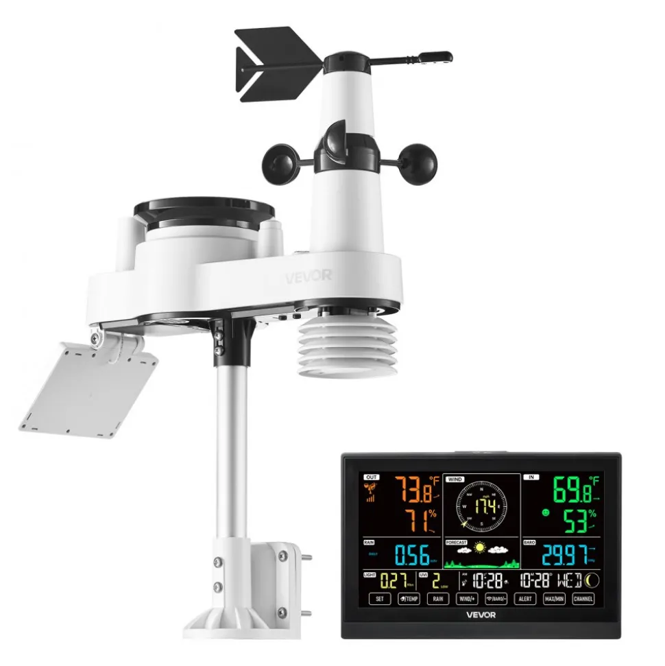VEVOR 7-in-1 Wireless Weather Station, 7.5-Inch VA Display, Solar Powered Outdoor Sensor, Rain Gauge, Indoor Outdoor for Weather Forecast, Temperature, Humidity, Wind Speed and Direction (No WiFi)