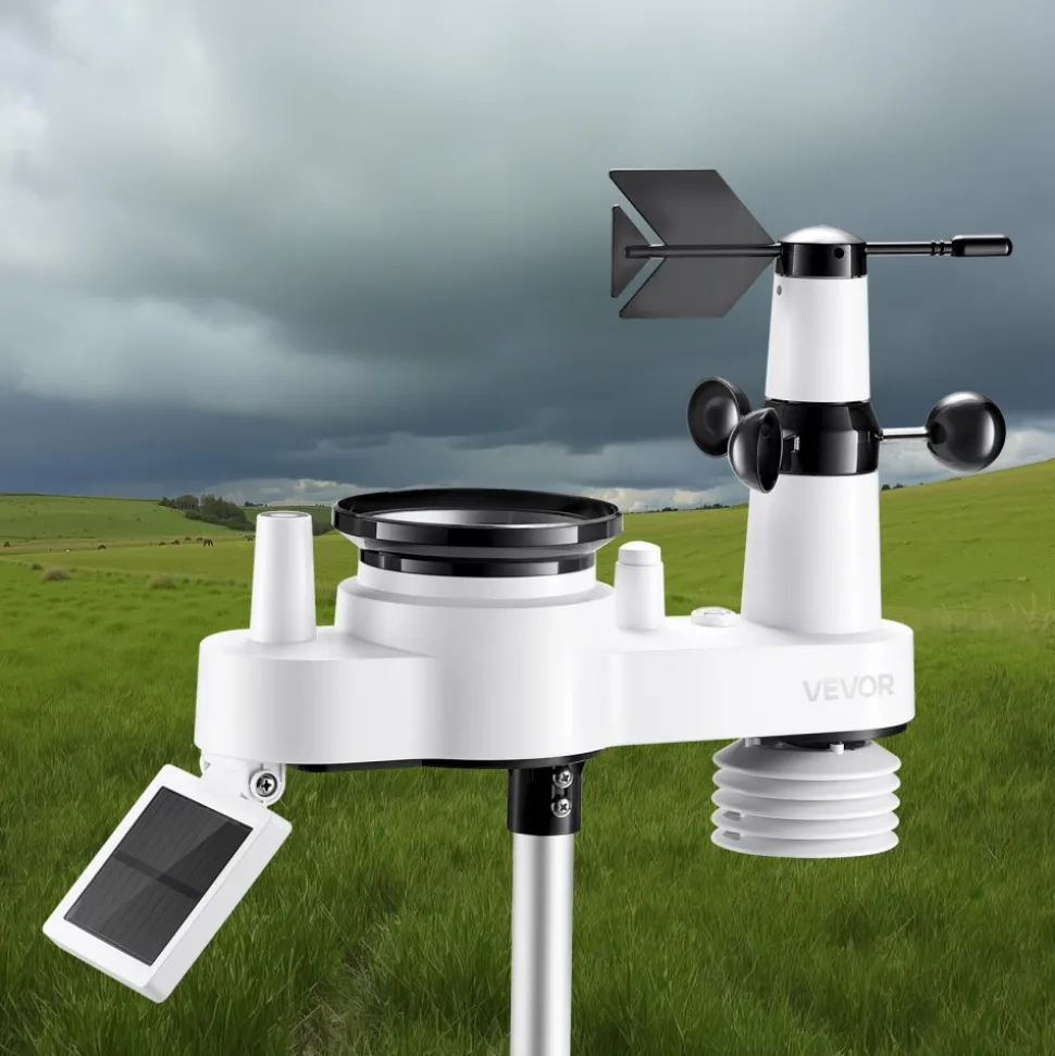 VEVOR 7-in-1 Wireless Weather Station, 7.5-Inch VA Display, Solar Powered Outdoor Sensor, Rain Gauge, Indoor Outdoor for Weather Forecast, Temperature, Humidity, Wind Speed and Direction (No WiFi)