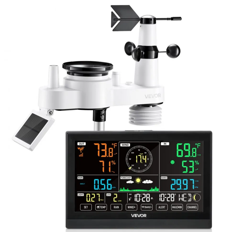 VEVOR 7-in-1 Wireless Weather Station, 7.5-Inch VA Display, Solar Powered Outdoor Sensor, Rain Gauge, Indoor Outdoor for Weather Forecast, Temperature, Humidity, Wind Speed and Direction (No WiFi)