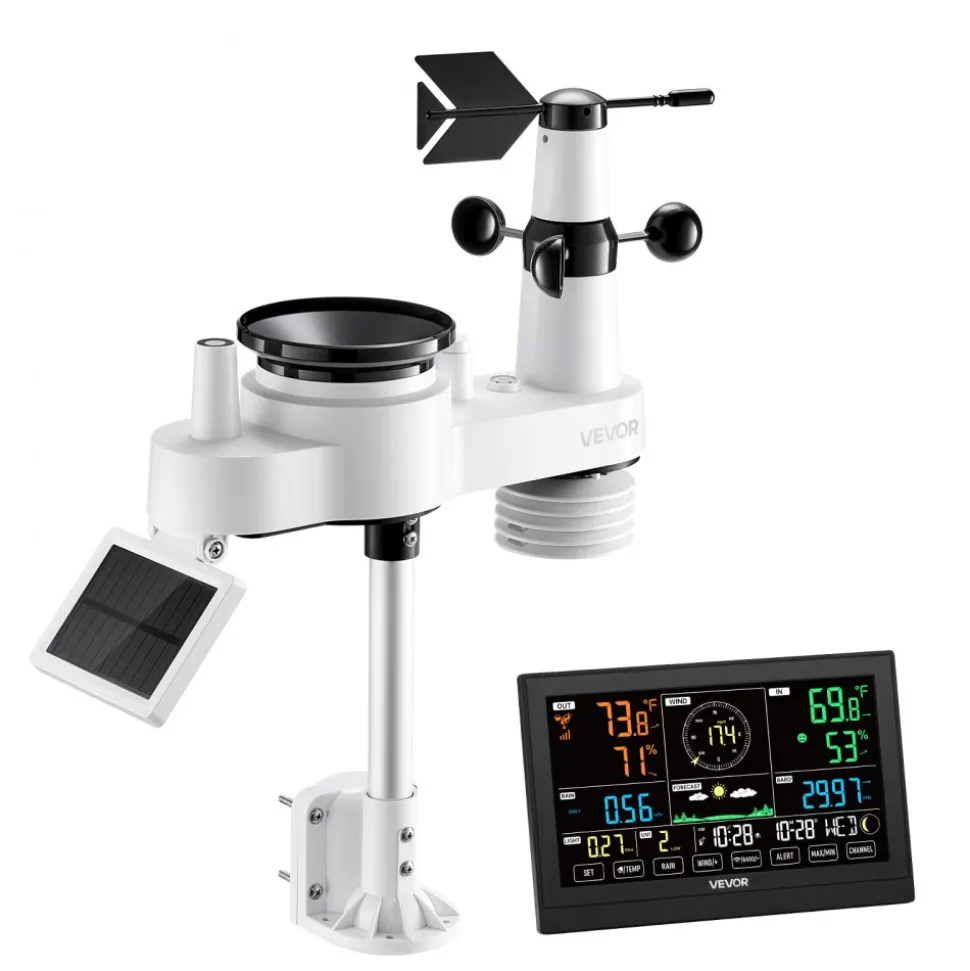 VEVOR 7-in-1 Wireless Weather Station, 7.5-Inch VA Display, Solar Powered Outdoor Sensor, Rain Gauge, Indoor Outdoor for Weather Forecast, Temperature, Humidity, Wind Speed and Direction (No WiFi)