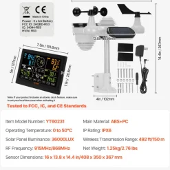 VEVOR 7-in-1 Wireless Weather Station, 7.5 in Color Display, Digital Weather Station Indoor Outdoor, for Temperature Humidity Wind Speed/Direction Rain UV, with Forecast Data, Alarm, Alerts-NO WIFI