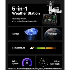 VEVOR 5-in-1 Wireless Weather Station, 7.5-Inch VA Display, Solar Powered Outdoor Sensor, Rain Gauge, Indoor Outdoor for Weather Forecast, Temperature, Humidity, Wind Speed and Direction (No WiFi)