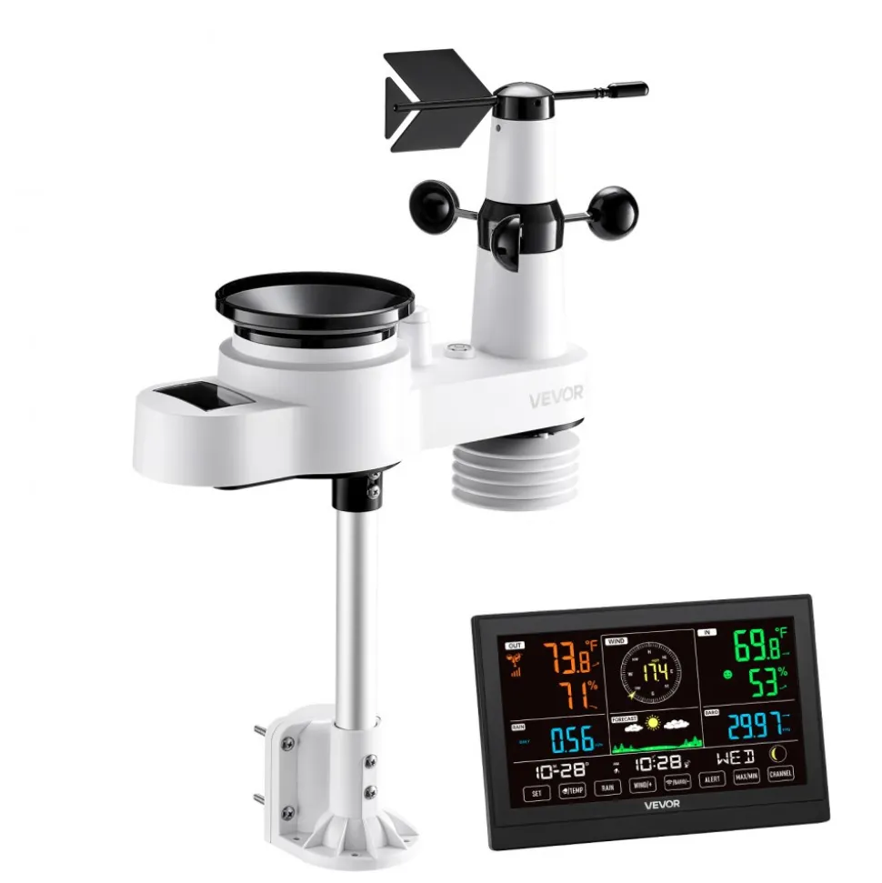 VEVOR 5-in-1 Wireless Weather Station, 7.5-Inch VA Display, Solar Powered Outdoor Sensor, Rain Gauge, Indoor Outdoor for Weather Forecast, Temperature, Humidity, Wind Speed and Direction (No WiFi)