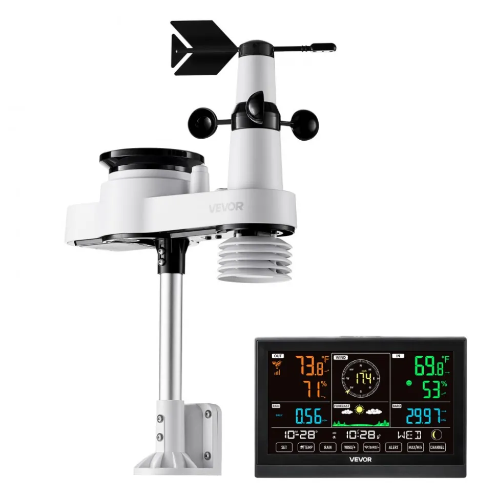 VEVOR 5-in-1 Wireless Weather Station, 7.5-Inch VA Display, Solar Powered Outdoor Sensor, Rain Gauge, Indoor Outdoor for Weather Forecast, Temperature, Humidity, Wind Speed and Direction (No WiFi)