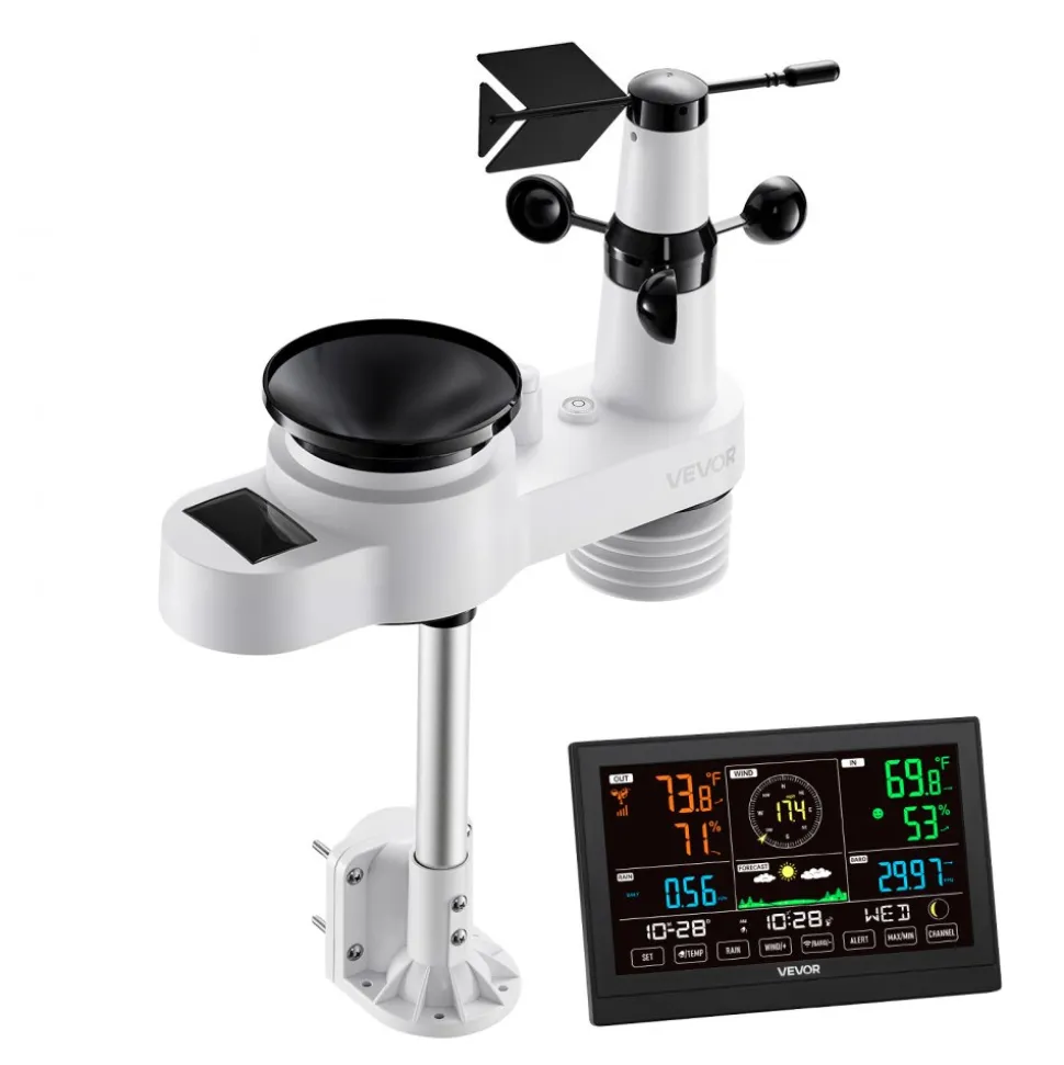 VEVOR 5-in-1 Wireless Weather Station, 7.5-Inch VA Display, Solar Powered Outdoor Sensor, Rain Gauge, Indoor Outdoor for Weather Forecast, Temperature, Humidity, Wind Speed and Direction (No WiFi)