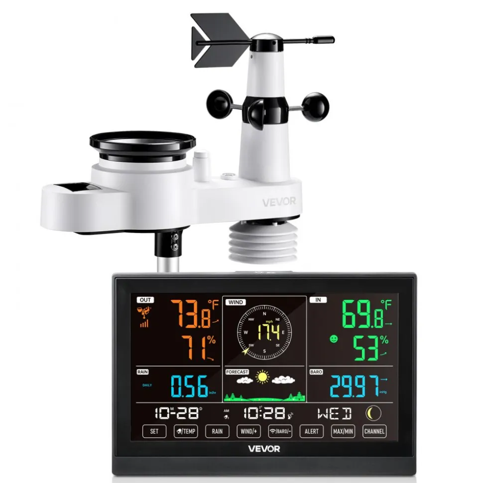 VEVOR 5-in-1 Wireless Weather Station, 7.5-Inch VA Display, Solar Powered Outdoor Sensor, Rain Gauge, Indoor Outdoor for Weather Forecast, Temperature, Humidity, Wind Speed and Direction (No WiFi)