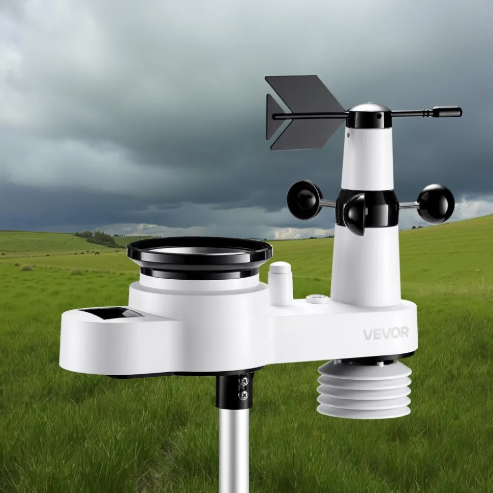 VEVOR 5-in-1 Wireless Weather Station, 7.5-Inch VA Display, Solar Powered Outdoor Sensor, Rain Gauge, Indoor Outdoor for Weather Forecast, Temperature, Humidity, Wind Speed and Direction (No WiFi)