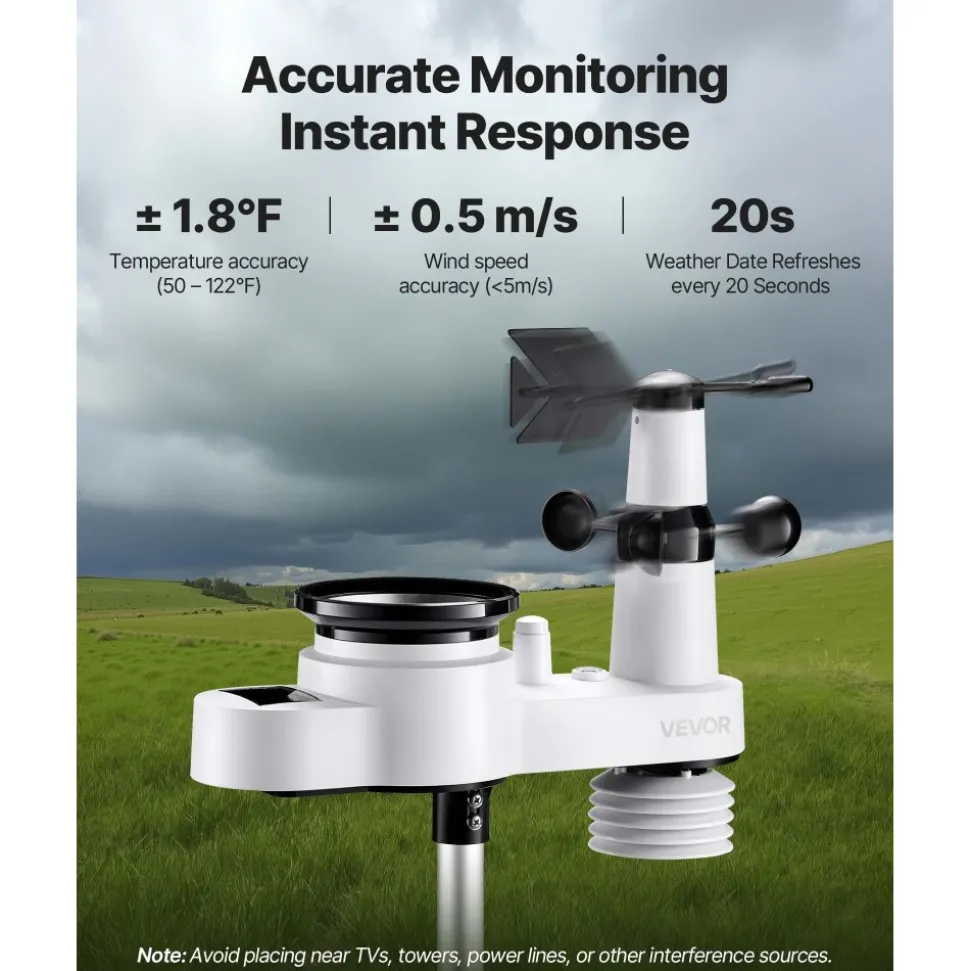 VEVOR 5-in-1 Wireless Weather Station, 7.5-Inch VA Display, Solar Powered Outdoor Sensor, Rain Gauge, Indoor Outdoor for Weather Forecast, Temperature, Humidity, Wind Speed and Direction (No WiFi)