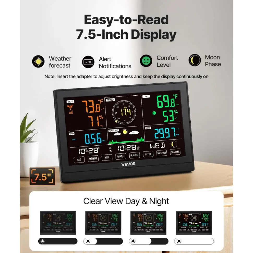 VEVOR 5-in-1 Wireless Weather Station, 7.5-Inch VA Display, Solar Powered Outdoor Sensor, Rain Gauge, Indoor Outdoor for Weather Forecast, Temperature, Humidity, Wind Speed and Direction (No WiFi)