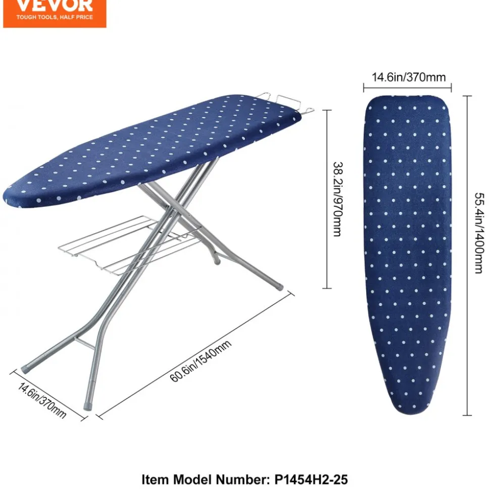 VEVOR Ironing Board with Bottom Storage Tray, Thickened 4 Layers Iron Board with Heat Resistant Cover and 100% Cotton Cover, 10 Adjustable Heights Ironing Board for Home Laundry Room Use (Size 55x15)