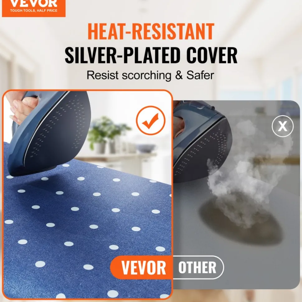 VEVOR Ironing Board with Bottom Storage Tray, Thickened 4 Layers Iron Board with Heat Resistant Cover and 100% Cotton Cover, 10 Adjustable Heights Ironing Board for Home Laundry Room Use (Size 55x15)