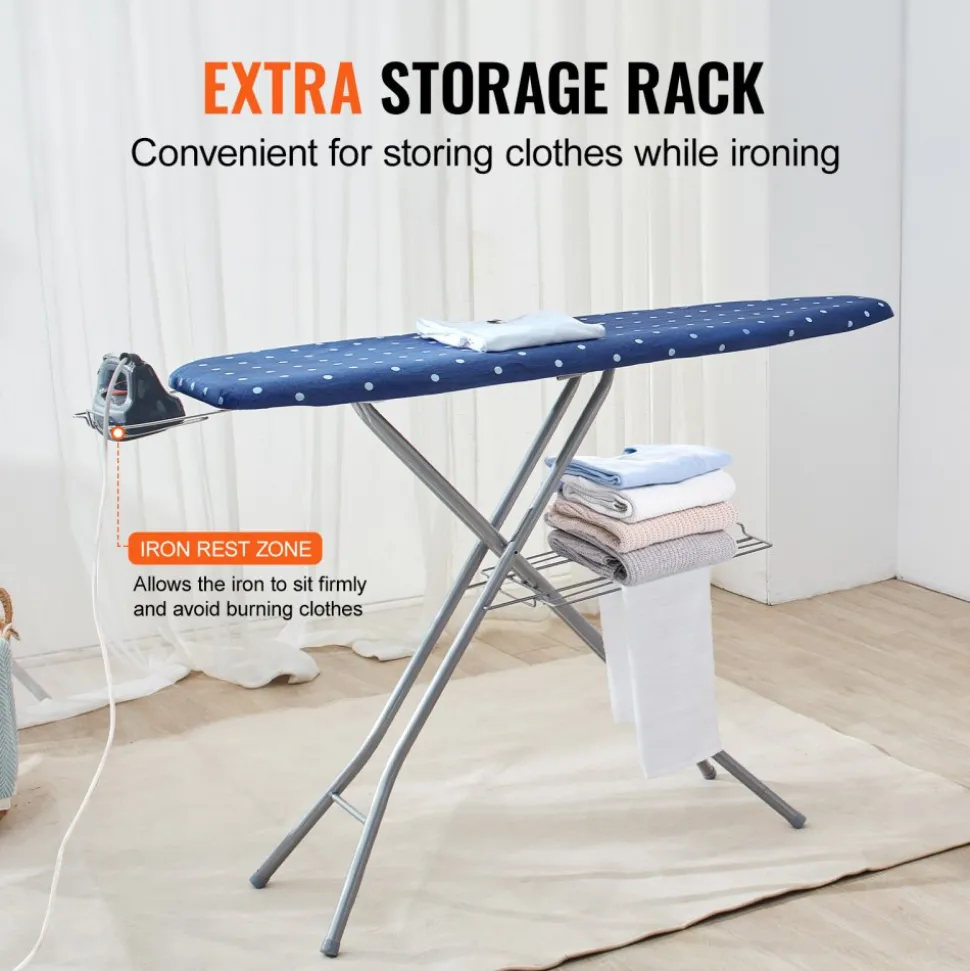 VEVOR Ironing Board with Bottom Storage Tray, Thickened 4 Layers Iron Board with Heat Resistant Cover and 100% Cotton Cover, 10 Adjustable Heights Ironing Board for Home Laundry Room Use (Size 55x15)
