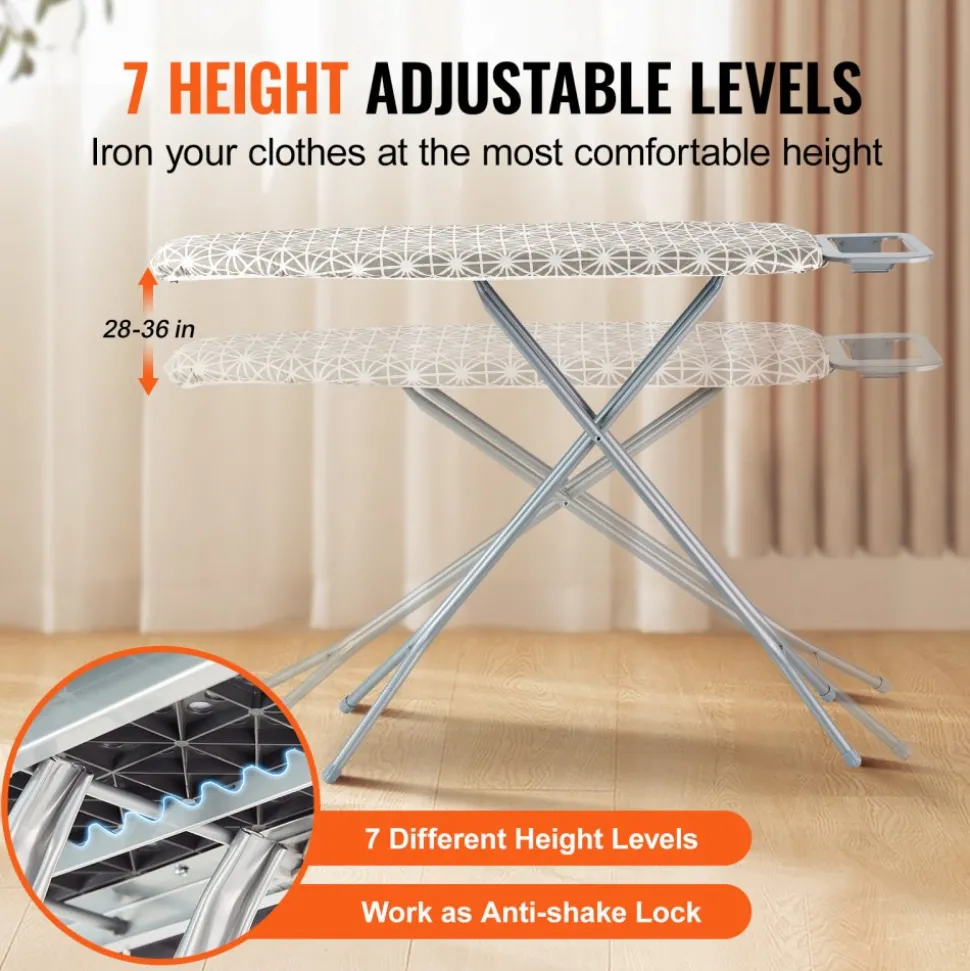 VEVOR Ironing Board with Large 51 x 13 Ironing Surface, Thickened 4 Layers Iron Board with Heat Resistant Cover and 100% Cotton Cover, 7 Adjustable Heights Ironing Board for Home Laundry Room Use
