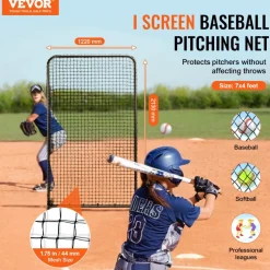 VEVOR I Screen Baseball for Batting Cage, 7x4 ft Baseball Softball Safety Screen, Body Protector Portable Batting Screen with Carry Bag & Ground Stakes, Heavy Duty Pitching Net for Pitchers Protection
