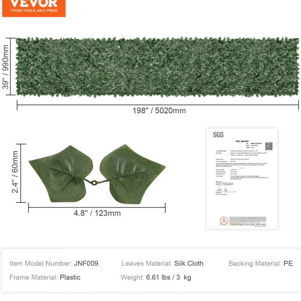 VEVOR Ivy Privacy Fence, 39 x 198in Artificial Green Wall Screen, Greenery Ivy Fence with Mesh Cloth Backing and Strengthened Joint, Faux Hedges Vine Leaf Decoration for Outdoor Garden, Yard, Balcony