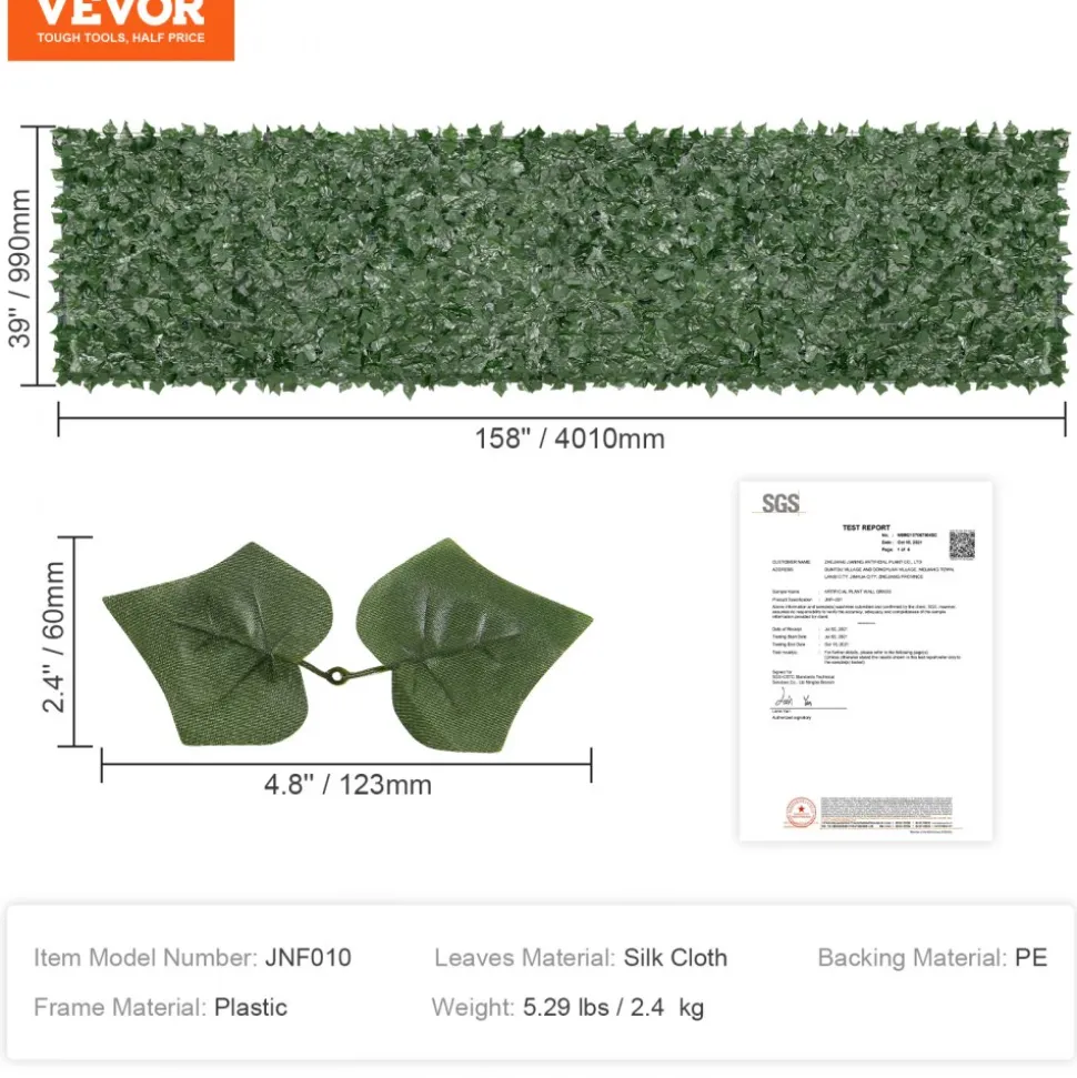 VEVOR Ivy Privacy Fence, 39 x 158in Artificial Green Wall Screen, Greenery Ivy Fence with Mesh Cloth Backing and Strengthened Joint, Faux Hedges Vine Leaf Decoration for Outdoor Garden, Yard, Balcony