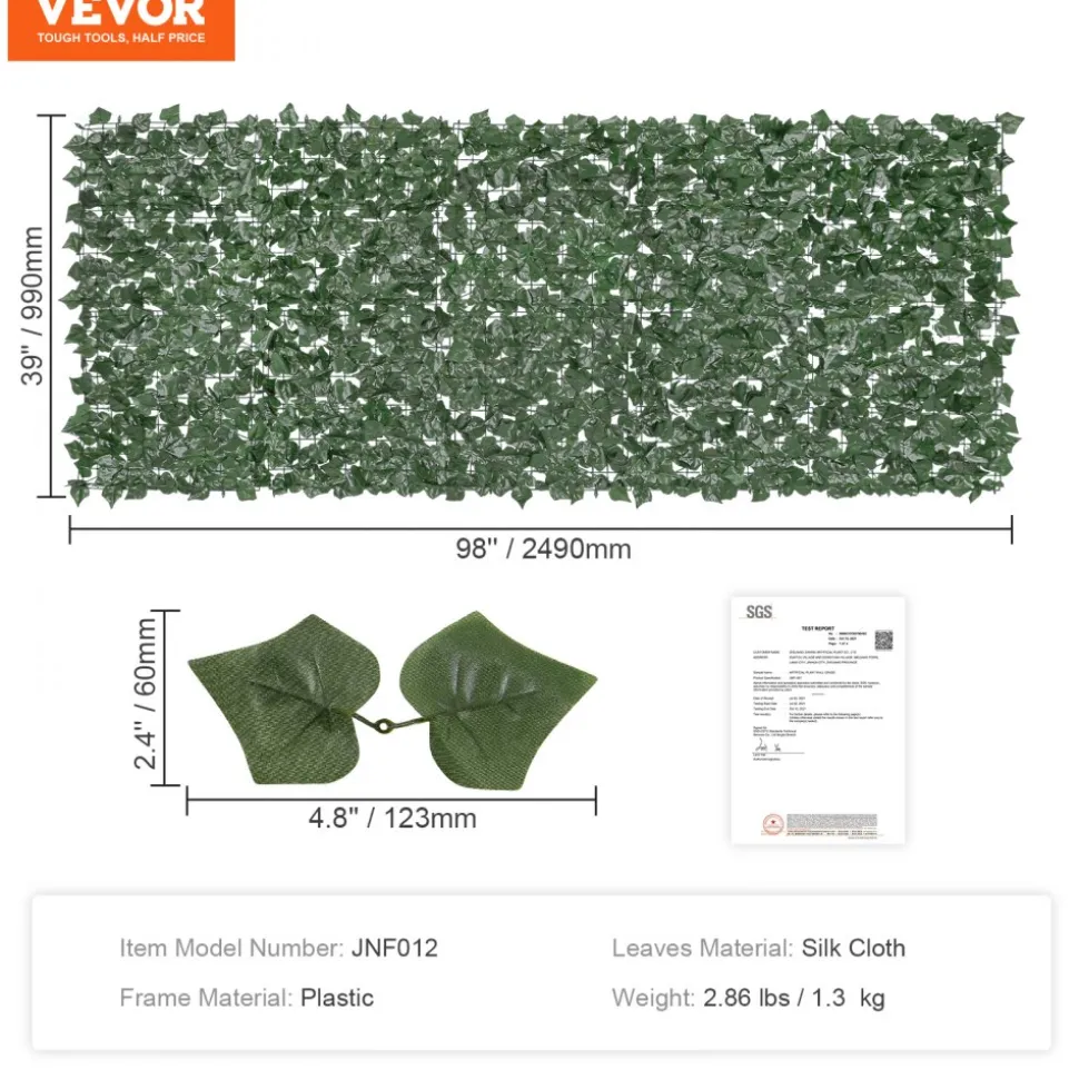 VEVOR Ivy Privacy Fence, 39 x 98 in Artificial Green Wall Screen, Greenery Ivy Fence with Strengthened Joint, Faux Hedges Vine Leaf Decoration for Outdoor Garden, Yard, Balcony, Patio Decor