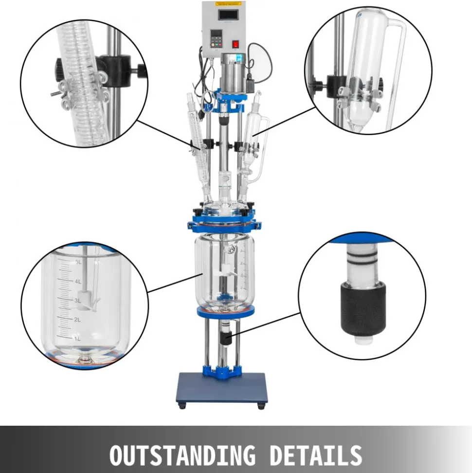 VEVOR Jacketed Reactor 5L Laboratory Glass Reactor, Jacketed Glass Reactor, Chemical Reaction Vessel, Lab Jacketed Reactor, Reaction Vessel Chemistry, With Digital Display, For Reaction Distillation