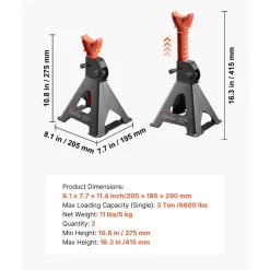 VEVOR Jack Stands, 3 Ton (6,600 lbs) Capacity, 10.8-16.3 in Adjustable Height, Heavy Duty Steel Jack Auto Stands with Locking, for Lifting SUV, Pickup, Car and UTV/ATV, 1 Pair, Black and Orange
