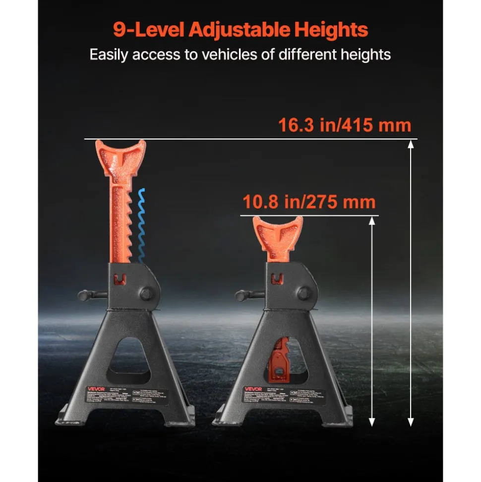 VEVOR Jack Stands, 3 Ton (6,600 lbs) Capacity, 10.8-16.3 in Adjustable Height, Heavy Duty Steel Jack Auto Stands with Locking, for Lifting SUV, Pickup, Car and UTV/ATV, 1 Pair, Black and Orange