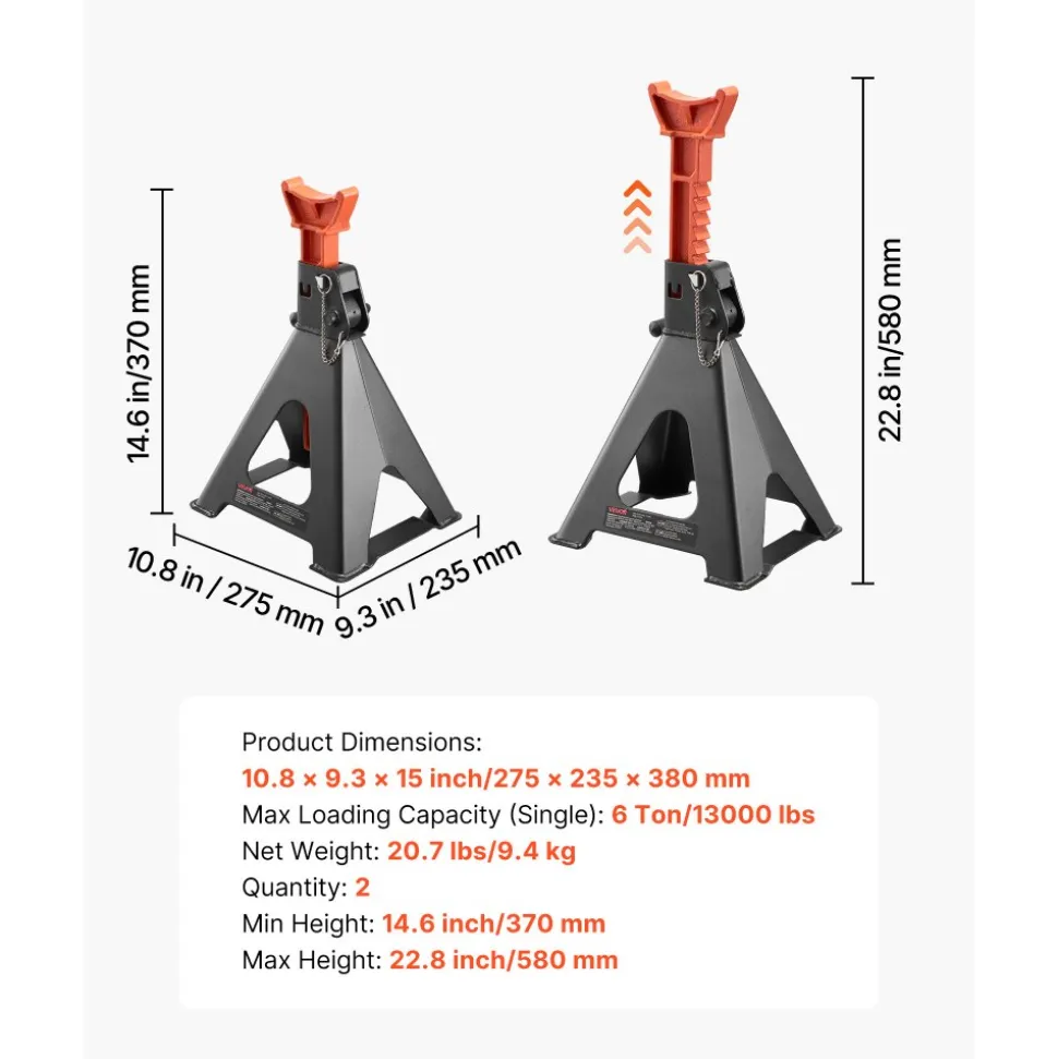 VEVOR Jack Stands, 6 Ton (13,000 lbs) Capacity, 14.6-22.8 in Adjustable Height, Heavy Duty Steel Jack Auto Stands with Double Locking, for Lifting RV, Small Truck, Car, SUV, 1 Pair, Black and Orange