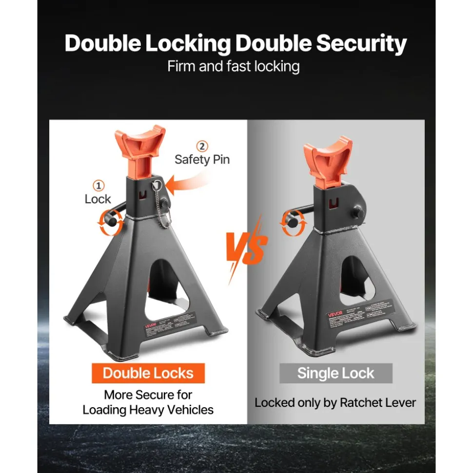 VEVOR Jack Stands, 6 Ton (13,000 lbs) Capacity, 14.6-22.8 in Adjustable Height, Heavy Duty Steel Jack Auto Stands with Double Locking, for Lifting RV, Small Truck, Car, SUV, 1 Pair, Black and Orange