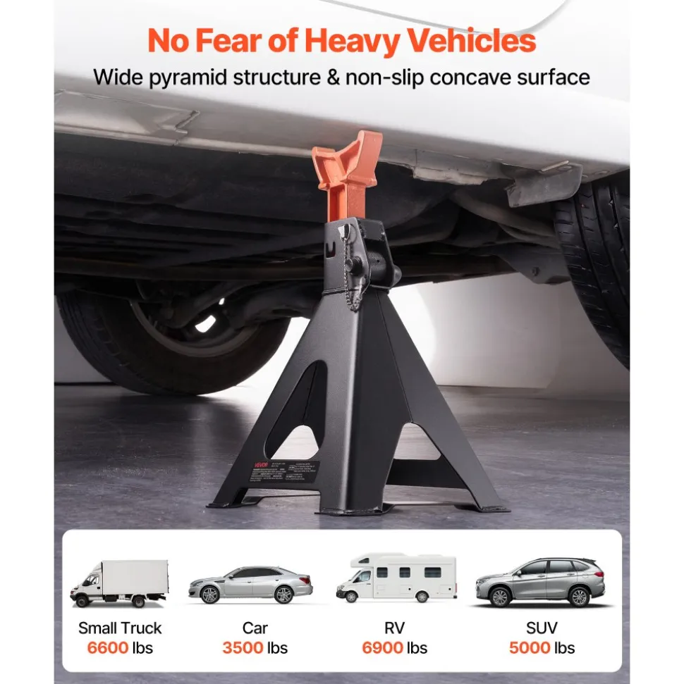 VEVOR Jack Stands, 6 Ton (13,000 lbs) Capacity, 14.6-22.8 in Adjustable Height, Heavy Duty Steel Jack Auto Stands with Double Locking, for Lifting RV, Small Truck, Car, SUV, 1 Pair, Black and Orange
