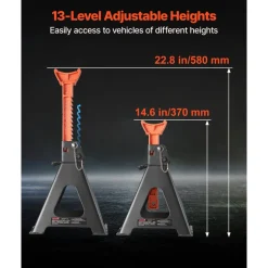 VEVOR Jack Stands, 6 Ton (13,000 lbs) Capacity, 14.6-22.8 in Adjustable Height, Heavy Duty Steel Jack Auto Stands with Double Locking, for Lifting RV, Small Truck, Car, SUV, 1 Pair, Black and Orange