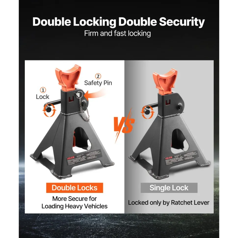 VEVOR Jack Stands, 3 Ton (6,600 lbs) Capacity, 10.8-16.3 in Adjustable Height, Heavy Duty Steel Jack Auto Stands with Double Locking, for Lifting SUV, Pickup, Car, UTV/ATV, 1 Pair, Black and Orange