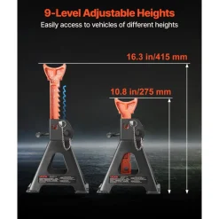 VEVOR Jack Stands, 3 Ton (6,600 lbs) Capacity, 10.8-16.3 in Adjustable Height, Heavy Duty Steel Jack Auto Stands with Double Locking, for Lifting SUV, Pickup, Car, UTV/ATV, 1 Pair, Black and Orange