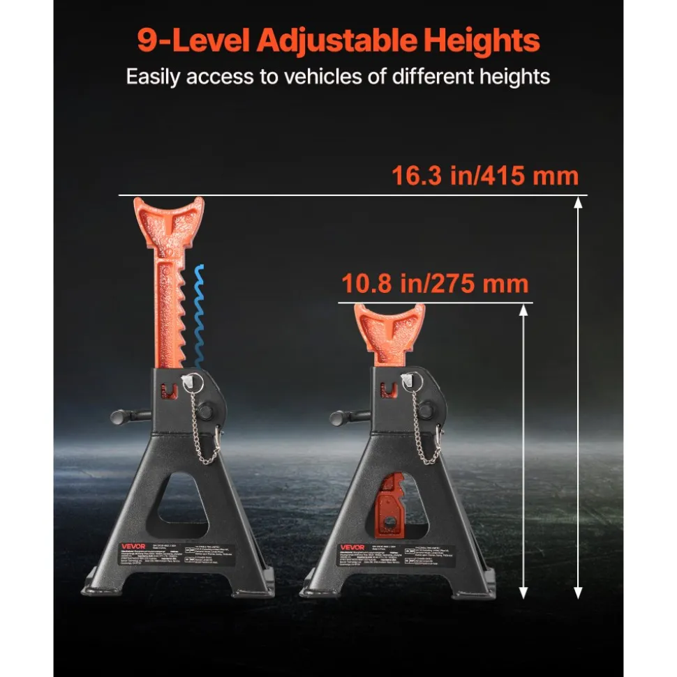 VEVOR Jack Stands, 3 Ton (6,600 lbs) Capacity, 10.8-16.3 in Adjustable Height, Heavy Duty Steel Jack Auto Stands with Double Locking, for Lifting SUV, Pickup, Car, UTV/ATV, 1 Pair, Black and Orange