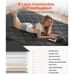 VEVOR Japanese Tatami Mat, Full Size Foldable Japanese Tatami Mattress, Futon Mattress with Storage Bag & Fastener, 9-Layer Floor Mat for Sleeping, Dormitory, Meditation, Yoga, 80 x 54 x 3.5 in, Black