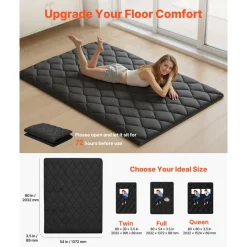 VEVOR Japanese Tatami Mat, Full Size Foldable Japanese Tatami Mattress, Futon Mattress with Storage Bag & Fastener, 9-Layer Floor Mat for Sleeping, Dormitory, Meditation, Yoga, 80 x 54 x 3.5 in, Black