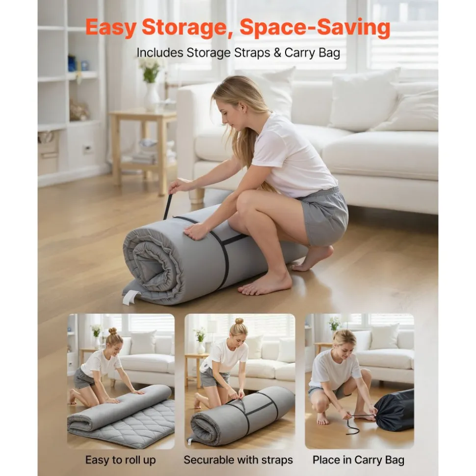 VEVOR Japanese Tatami Mat, Queen Size Foldable Japanese Tatami Mattress, Futon Mattress with Storage Bag & Fastener, 9-Layer Floor Mat for Sleeping, Dormitory, Meditation, Yoga, 80 x 60 x 2.5 in, Gray