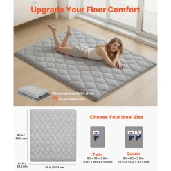VEVOR Japanese Tatami Mat, Queen Size Foldable Japanese Tatami Mattress, Futon Mattress with Storage Bag & Fastener, 9-Layer Floor Mat for Sleeping, Dormitory, Meditation, Yoga, 80 x 60 x 2.5 in, Gray