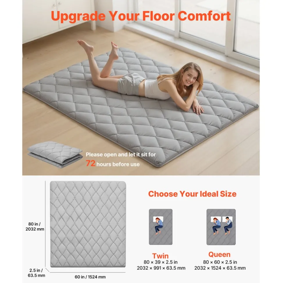 VEVOR Japanese Tatami Mat, Queen Size Foldable Japanese Tatami Mattress, Futon Mattress with Storage Bag & Fastener, 9-Layer Floor Mat for Sleeping, Dormitory, Meditation, Yoga, 80 x 60 x 2.5 in, Gray
