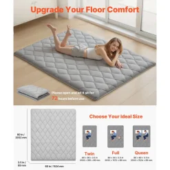 VEVOR Japanese Tatami Mat, Queen Size Foldable Japanese Tatami Mattress, Futon Mattress with Storage Bag & Fastener, 9-Layer Floor Mat for Sleeping, Dormitory, Meditation, Yoga, 80 x 60 x 3.5 in, Gray