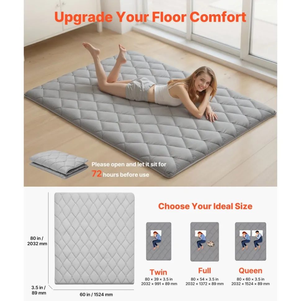 VEVOR Japanese Tatami Mat, Queen Size Foldable Japanese Tatami Mattress, Futon Mattress with Storage Bag & Fastener, 9-Layer Floor Mat for Sleeping, Dormitory, Meditation, Yoga, 80 x 60 x 3.5 in, Gray